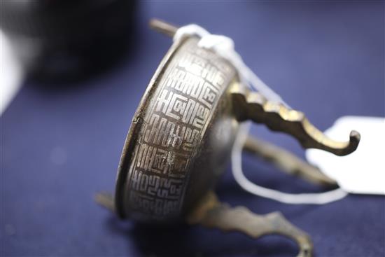 A Chinese bronze and silver inlaid tripod censer, 18th/19th century, height 7.5cm, split to rim